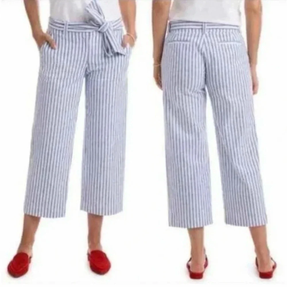 Vineyard Vines Crop Striped Linen Pants - Catamaran Marlin Blue Pockets - Picture 1 of 5